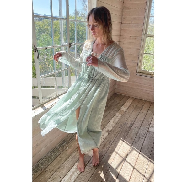 Oak + Fort NWT Boho Midi Dress - Aqua Grey - Bohemian Tie Tiered Dress - Size L - Picture 5 of 14